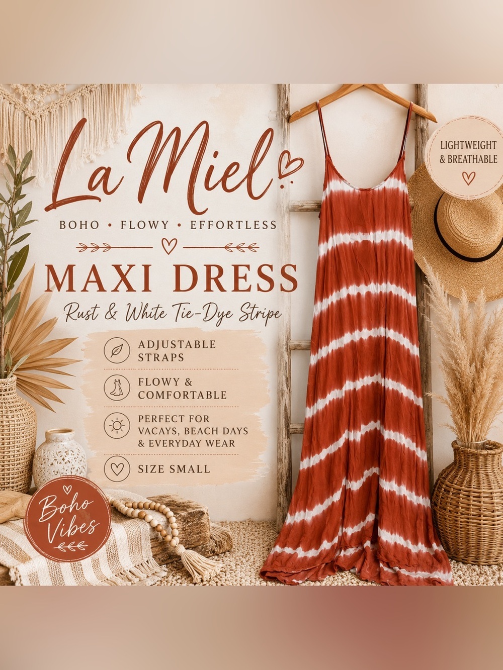 La Miel Rust White Tie Dye Stripe Maxi Dress Small